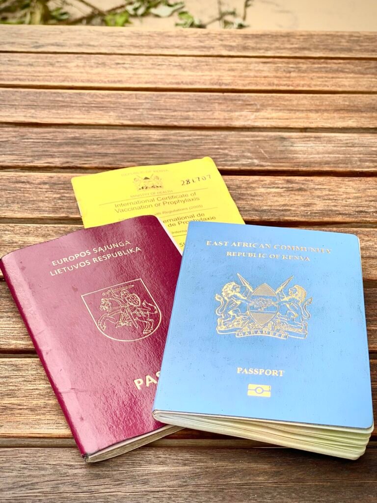 Kenyan and Lithuanian passports side by side for Schengen visa application