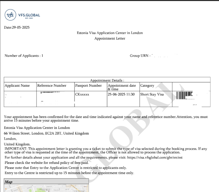 Screenshot of letter showing confirmed Schengen visa with VFS Global