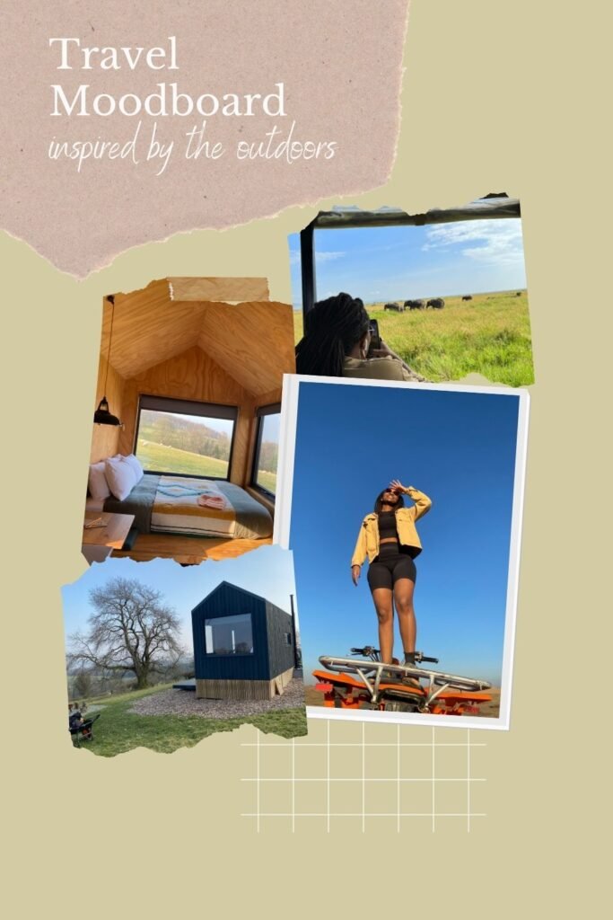 Travel moodboard inspired by the outdoors, featuring a collage of UK cabins, a traveler in the Moroccan desert, and a safari scene in Kenya.