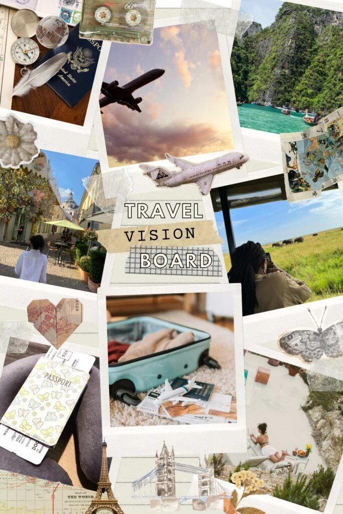 Travel vision board collage with a central quote surrounded by polaroid-style photos of a passport, airplane, suitcase, safari scene, ocean, picture taken in Lithuania and graphics of Paris and London