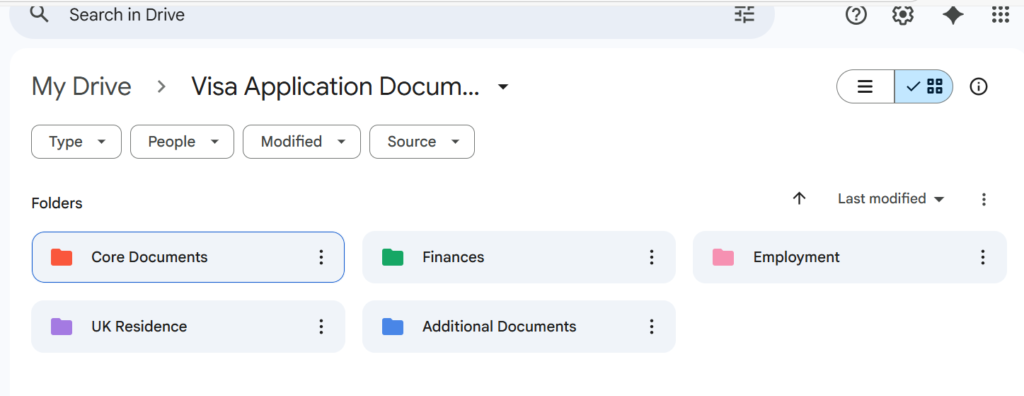 Screenshot of a digital folder containing organized visa application documents, including passport scans, bank statements, and supporting letters.