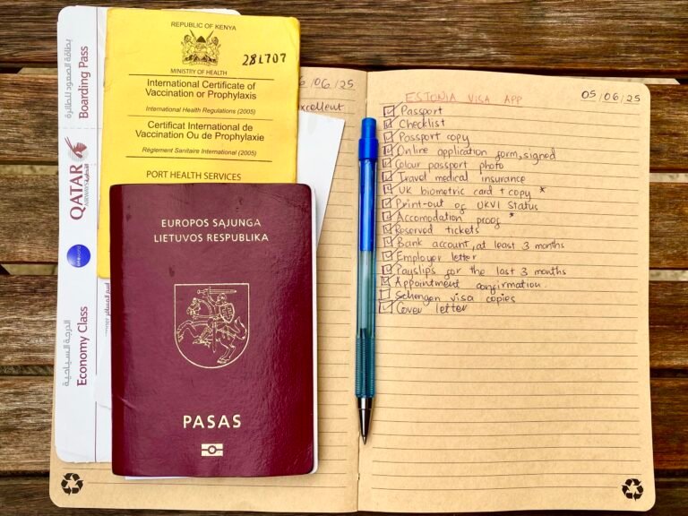 Handwritten travel checklist on a table with a boarding pass, yellow fever certificate, passport, and pen - symbolizing visa application preparation.