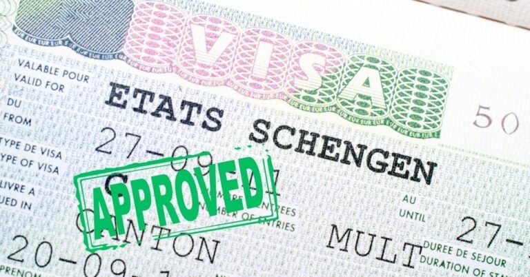 Close up of approved Schengen visa in passport
