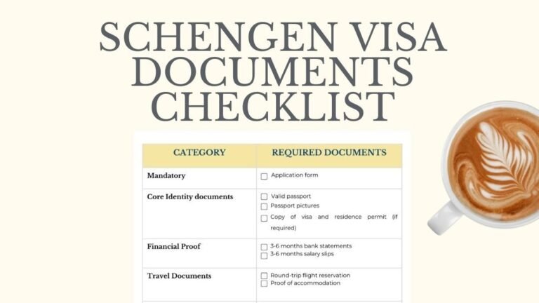 A printed Schengen visa checklist on an A4 page, shown with a pencil, coffee cup, and a visa application stamped ‘Approved’ — a visually organized setup for travelers preparing their documents.
