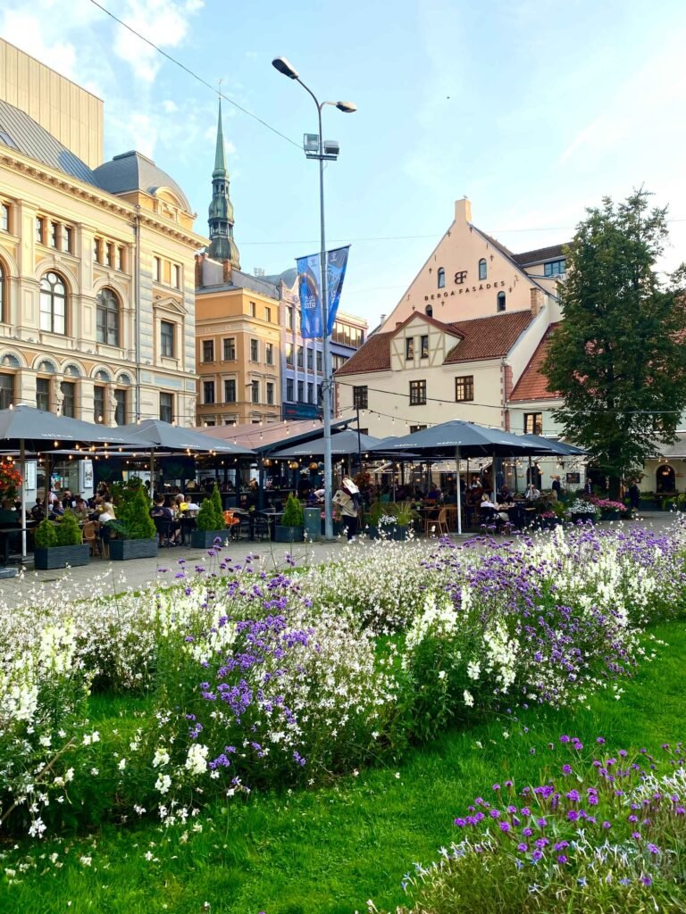Colourful square with builings and flowers in Riga, Latvia