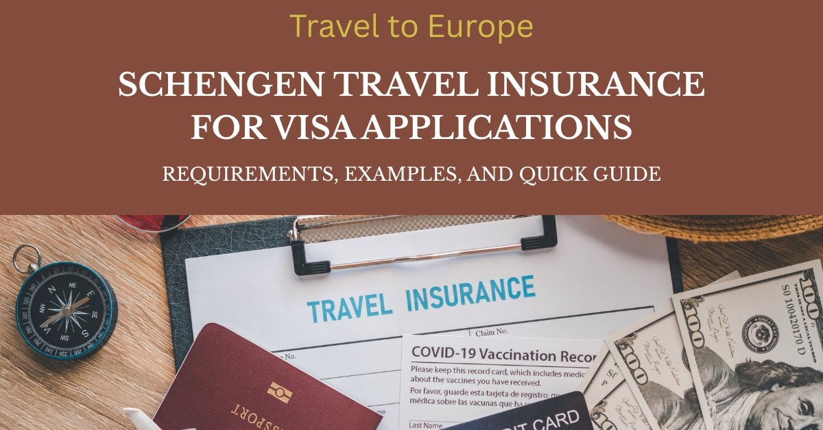 Schengen Travel Insurance for visa applications: Requirements, Examples and Quick Guide. Image of travel essentials including passport, money and travel insurance form