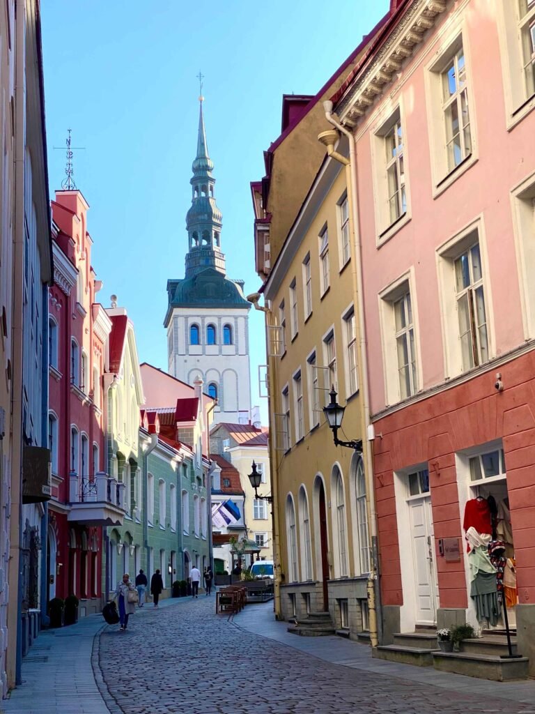Colourful pastel buildings in a street in Tallinn, Estonia