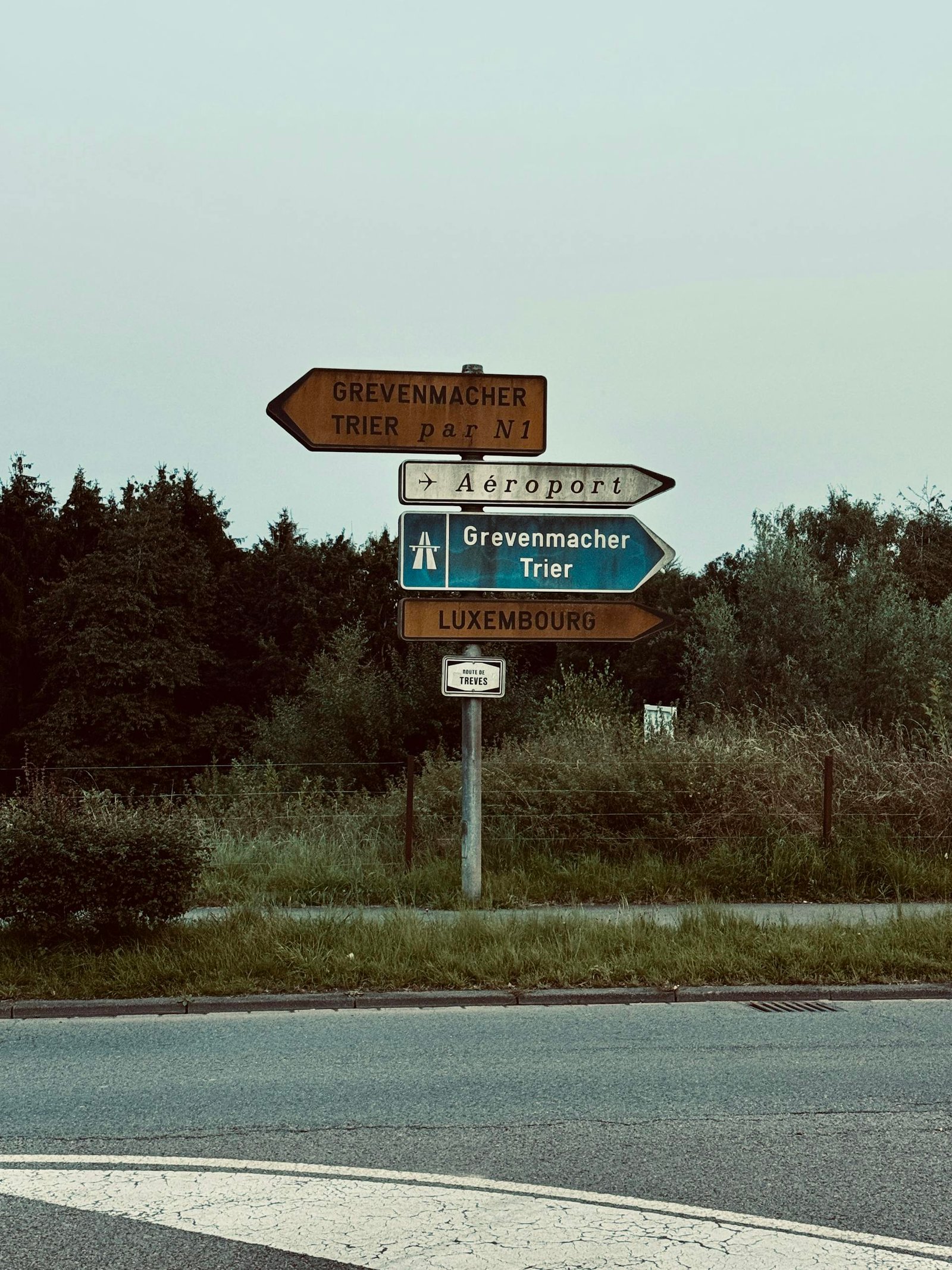 Road signs in Luxembourg rural area pointing to Trier, Germany, amidst greenery.