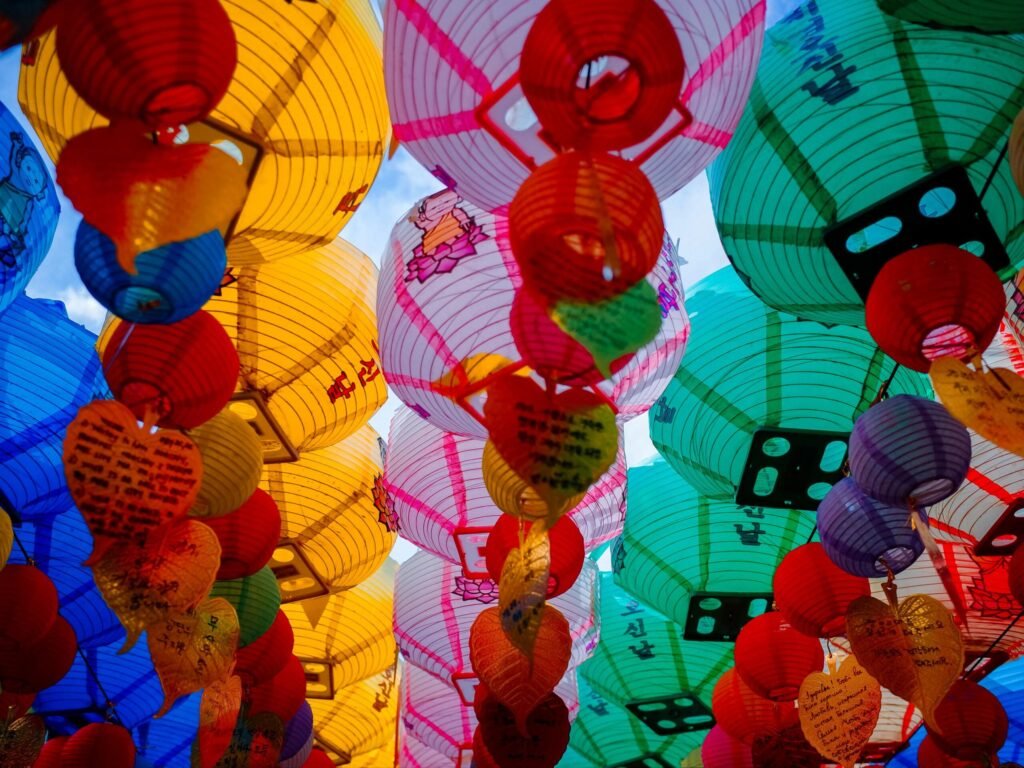 An image of prayer lanters in the sun, common in the Asian continent and symbolizing travel to Asian countries