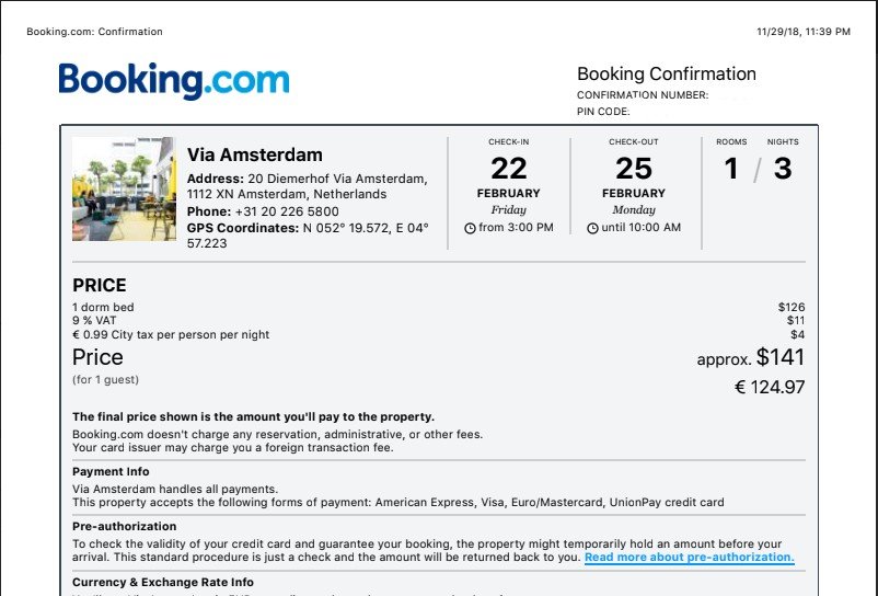 Screenshot of a hotel reservation from booking.com showing reservation details, check in dates and hotel address