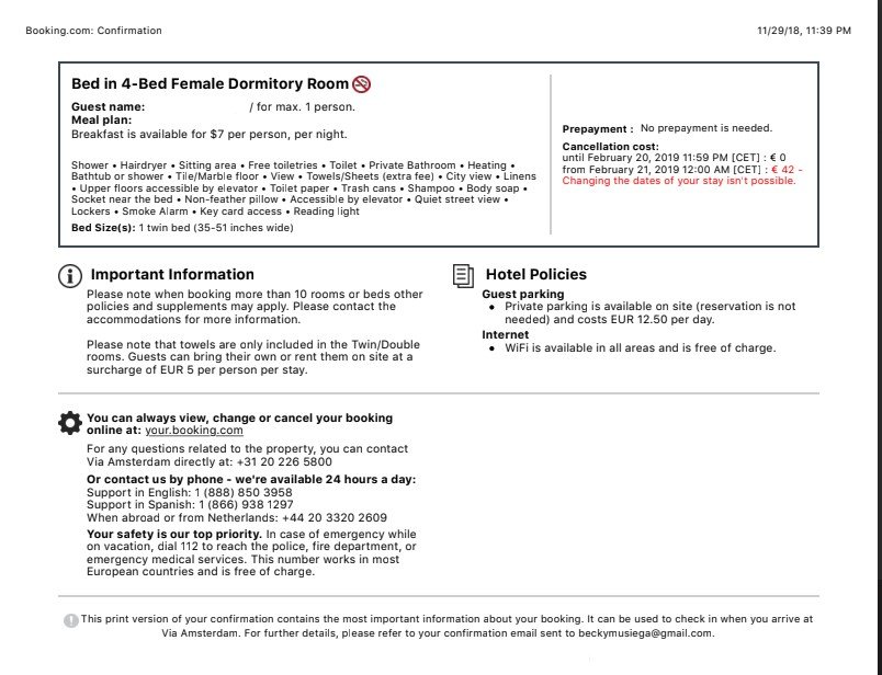 Screenshot of a hotel reservation from booking.com showing reservation details, hotel policies and guest details