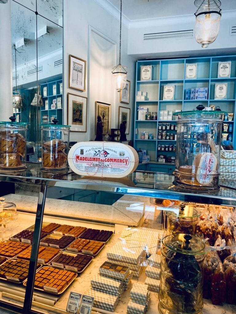 Display of different types of French chocolate at a classy chocolatier in Montmartre Paris