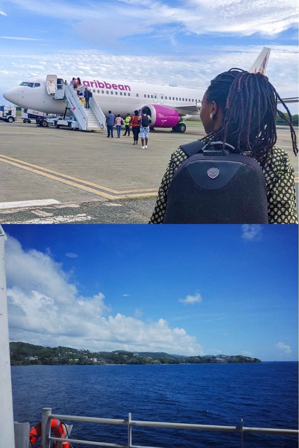 split picture of black lady walking on runway to caribbean airlines plane and tobago view from the ferry deck