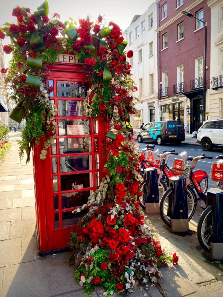 Red telephone booth covered in red roses with santander bikes nearby in london, UK on a lovely spring day