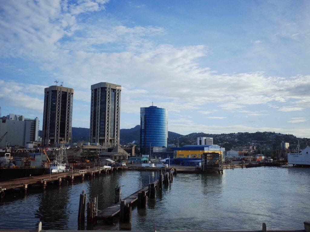 view of skyscrapers in port of spain trinidad taken from ferry