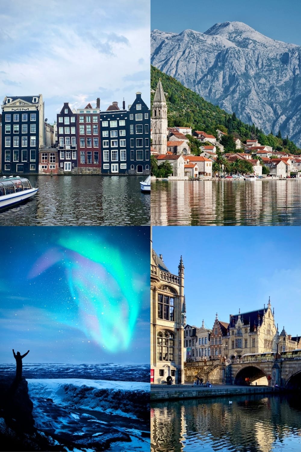 Collage of european cities including Amsterdam canal, Balkans seaside, Northern lights view , and old European bridge in Belgium