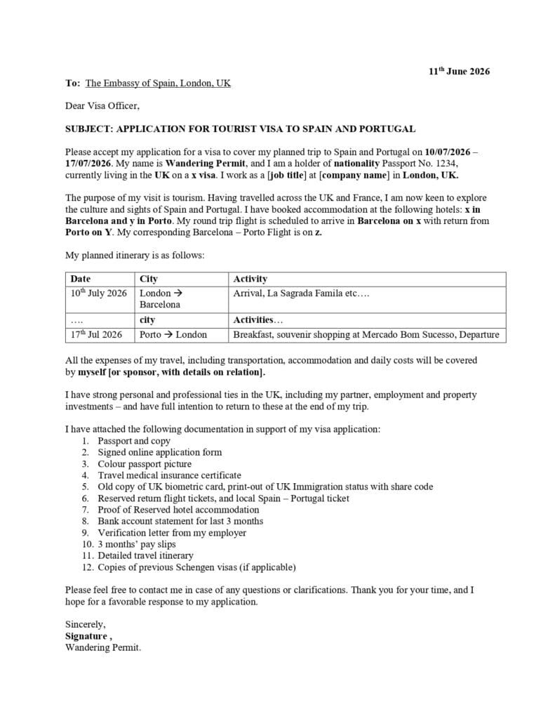 Schengen visa cover letter example showing correct format and structure