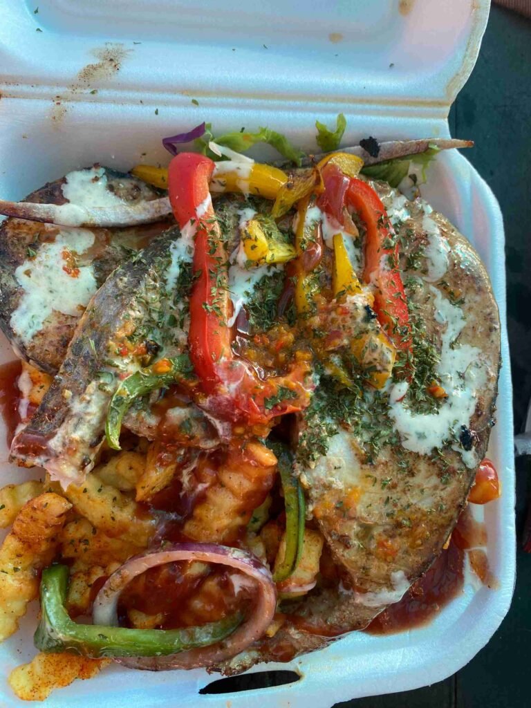Caribbean fresh fish in a thick stew and fries