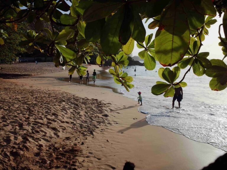 people hanging out and playing at a beach in tobago