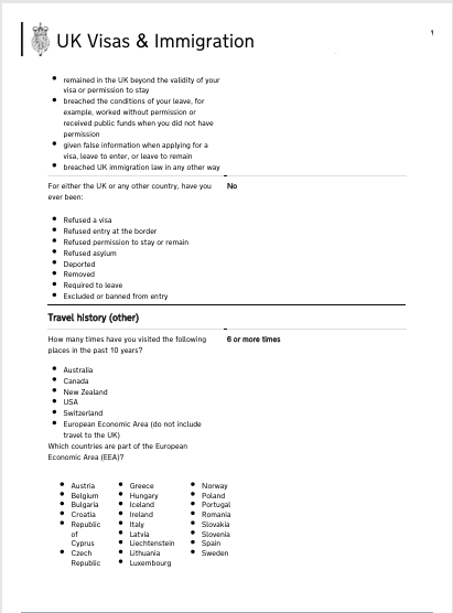 Screenshot from UK visa application form with questions on travel history to UK and other countries