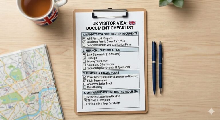 A comprehensive document checklist is the backbone of a successful UK Visitor Visa application. This mockup illustrates the key categories: mandatory documents, Financial Proof, and Ties to Home country, purpose of visit and travel plans, supporting documents. a map of london and mug with uk flag drawn near the mockup