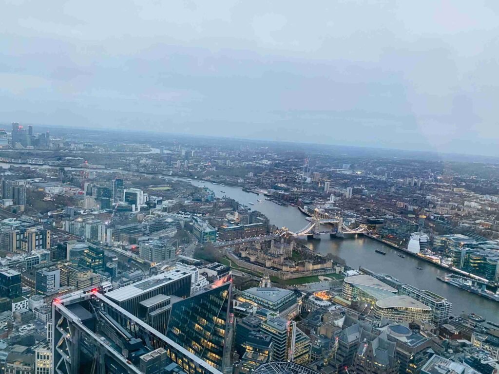 View from Horizon 22 overlooking the River Thames and Tower Bridge, with central London stretching into the distance.