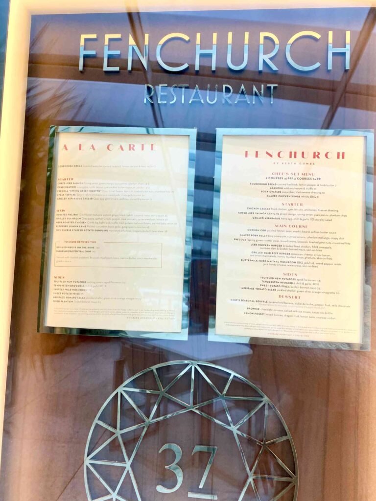 Fenchurch Restaurant menu at Sky Garden in London