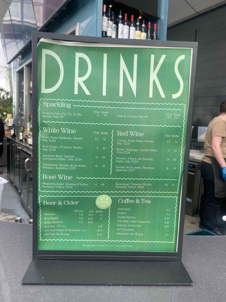 Drinks menu at Sky Garden showing wine, beer, coffee and tea prices