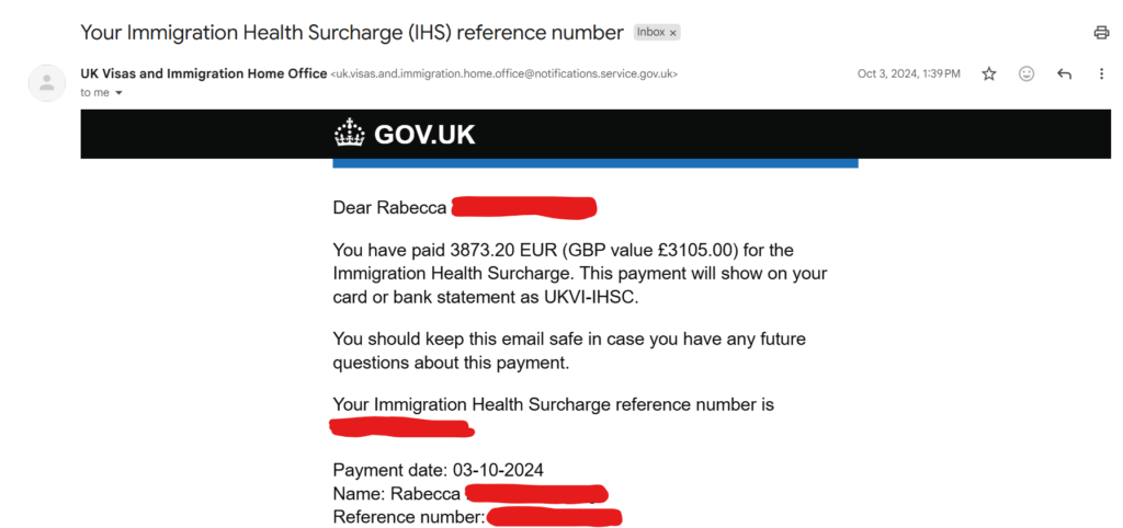 Screenshot of the UK Immigration Health Surcharge (IHS) payment page for a partner visa application.