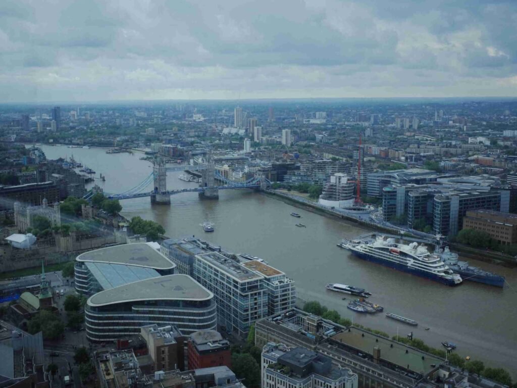 View of Tower Bridge and the River Thames from Sky Garden in London